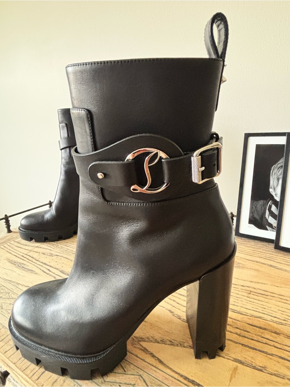 Christian Louboutin Black Leather Platform Ankle Boots with Buckle Accent